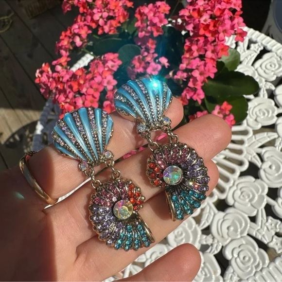 Anthropologie Seashell Blue Ocean Crystal Earrings - Picture 4 of 9